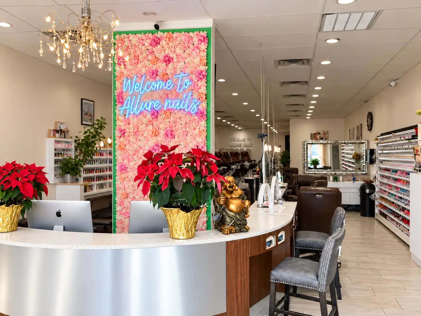 Reception desk and waiting area at Allure Nails & Beauty