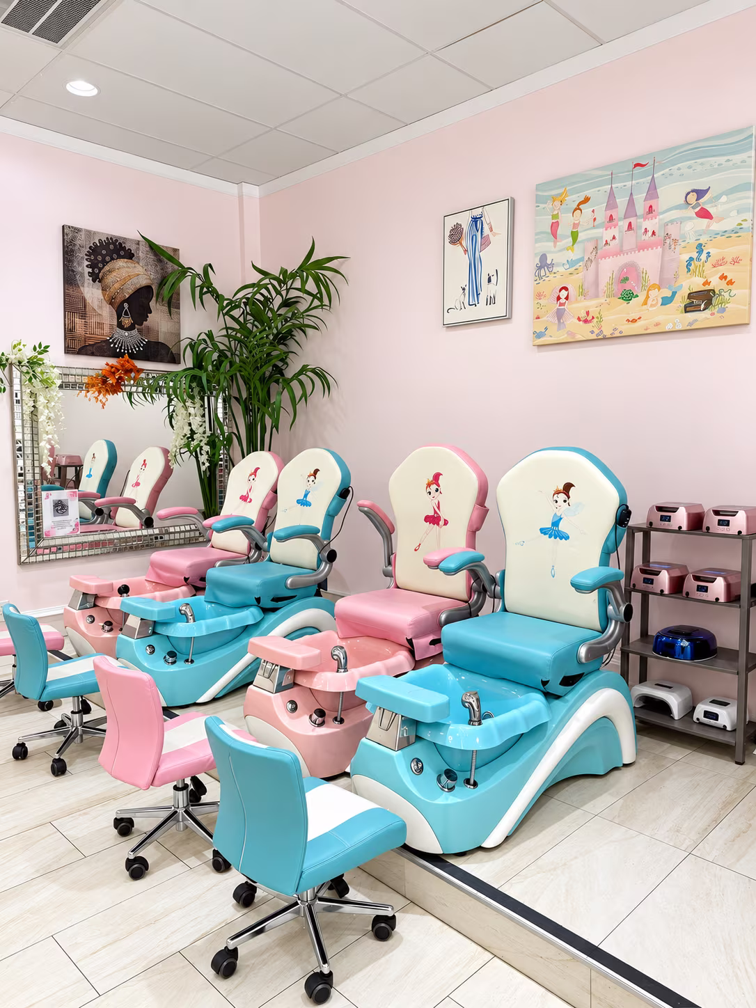 Pastel pedicure chairs in the kids corner at Allure Nails